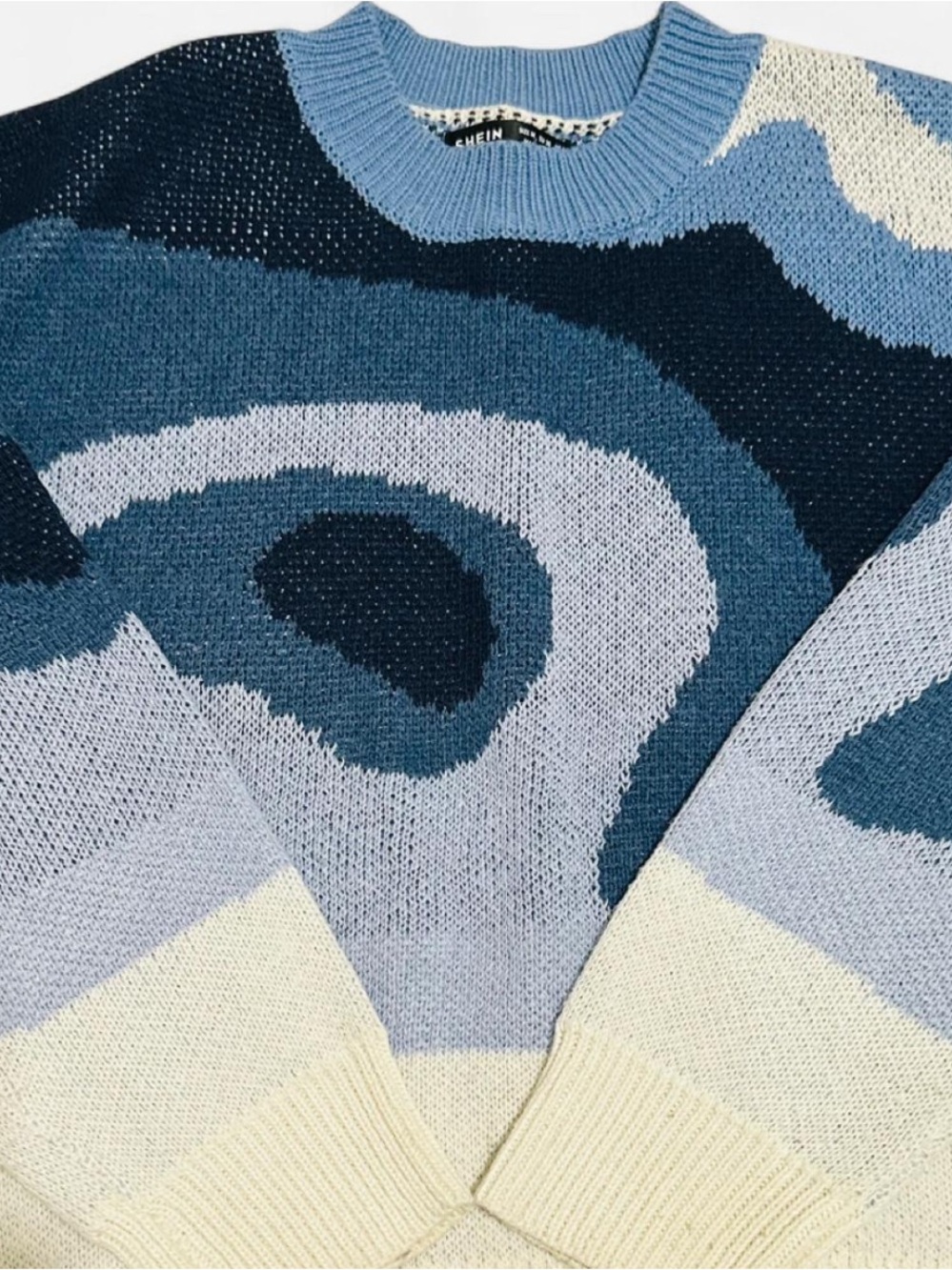 SHEIN Blue & Cream Abstract Wave Knit Sweater